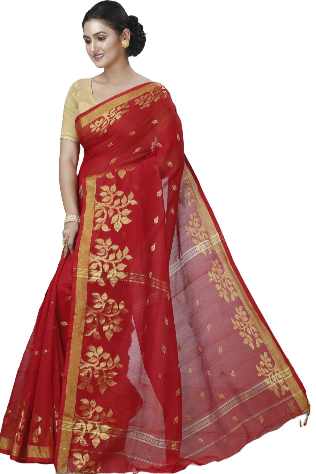 Red Blended Cotton Tina Hand Loom Saree (1213)